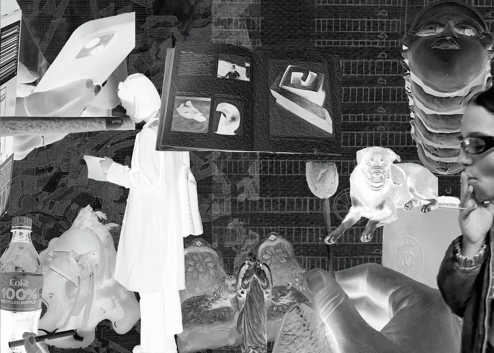 Inverted black-and-white collage of statuary, a dog, an open book, and street objects