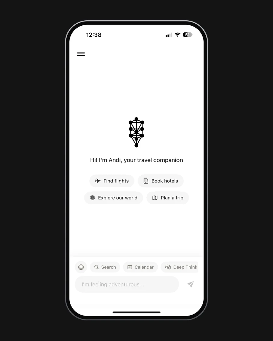 Andi's opening screen, introducing the travel companion