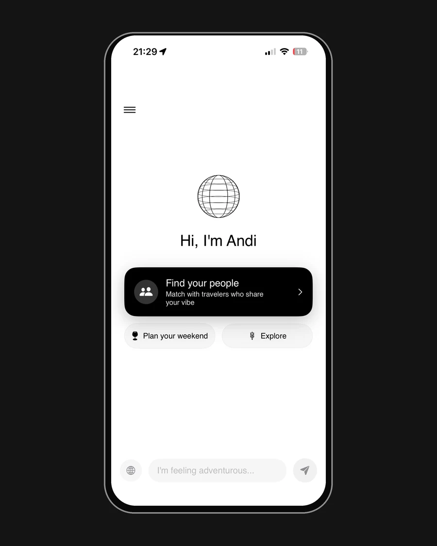 Andi's home screen, introducing the travel companion
