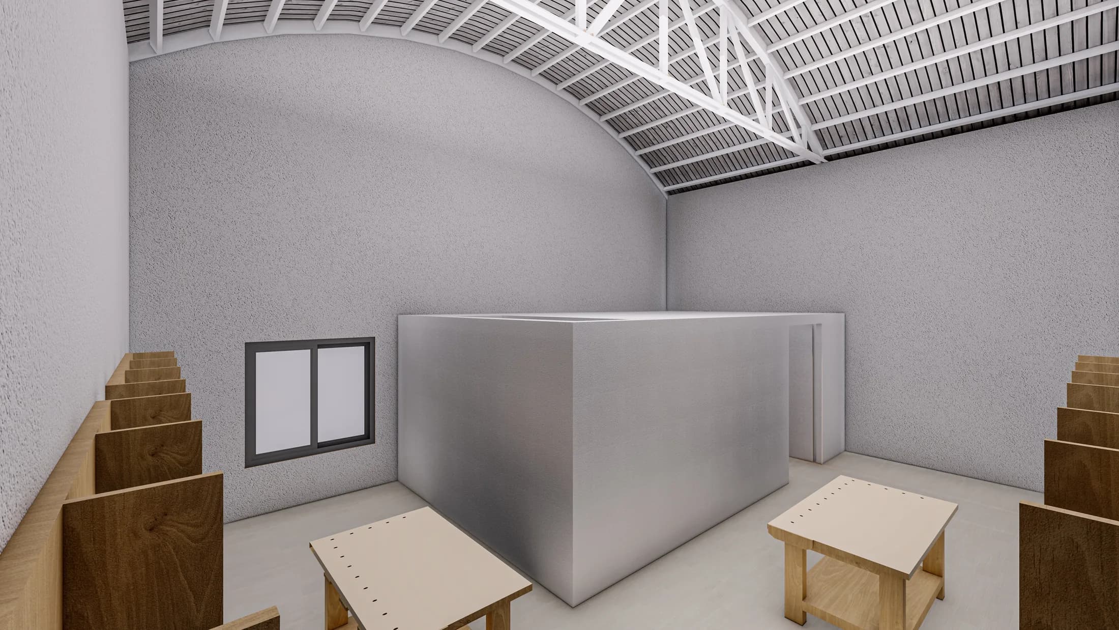 Interior rendering of the workspace under the barrel vault