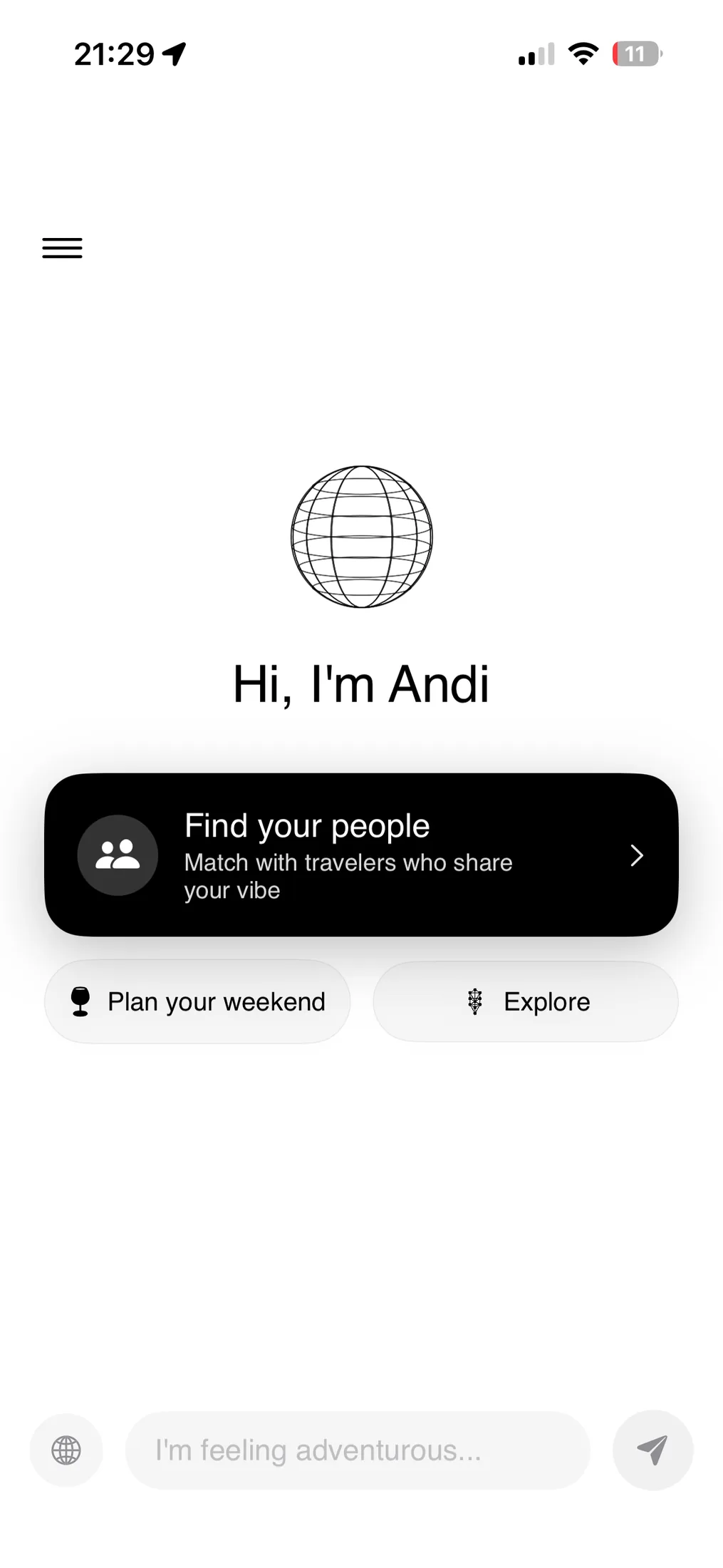Home screen offering to find your people, plan a weekend, or explore