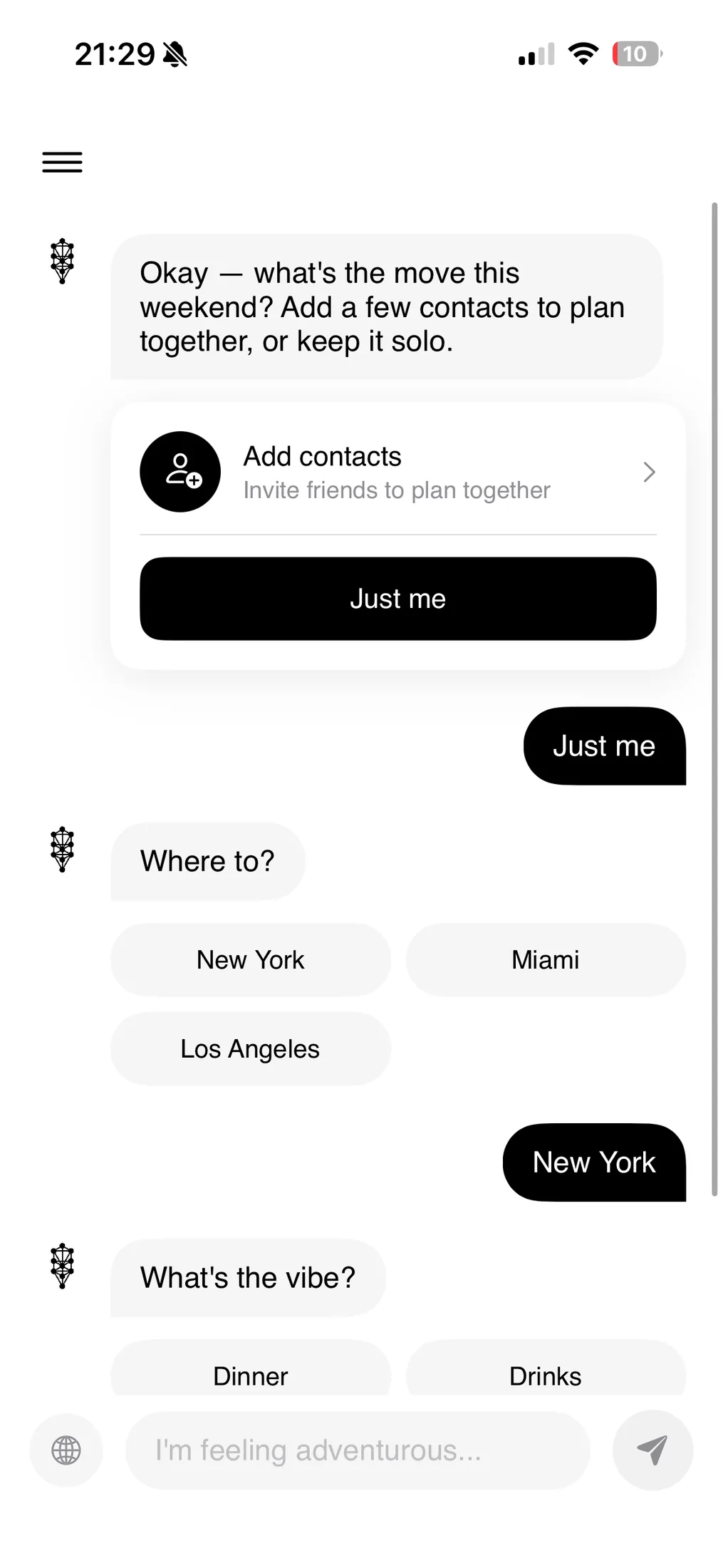Chat flow choosing to travel solo, picking New York, then a vibe