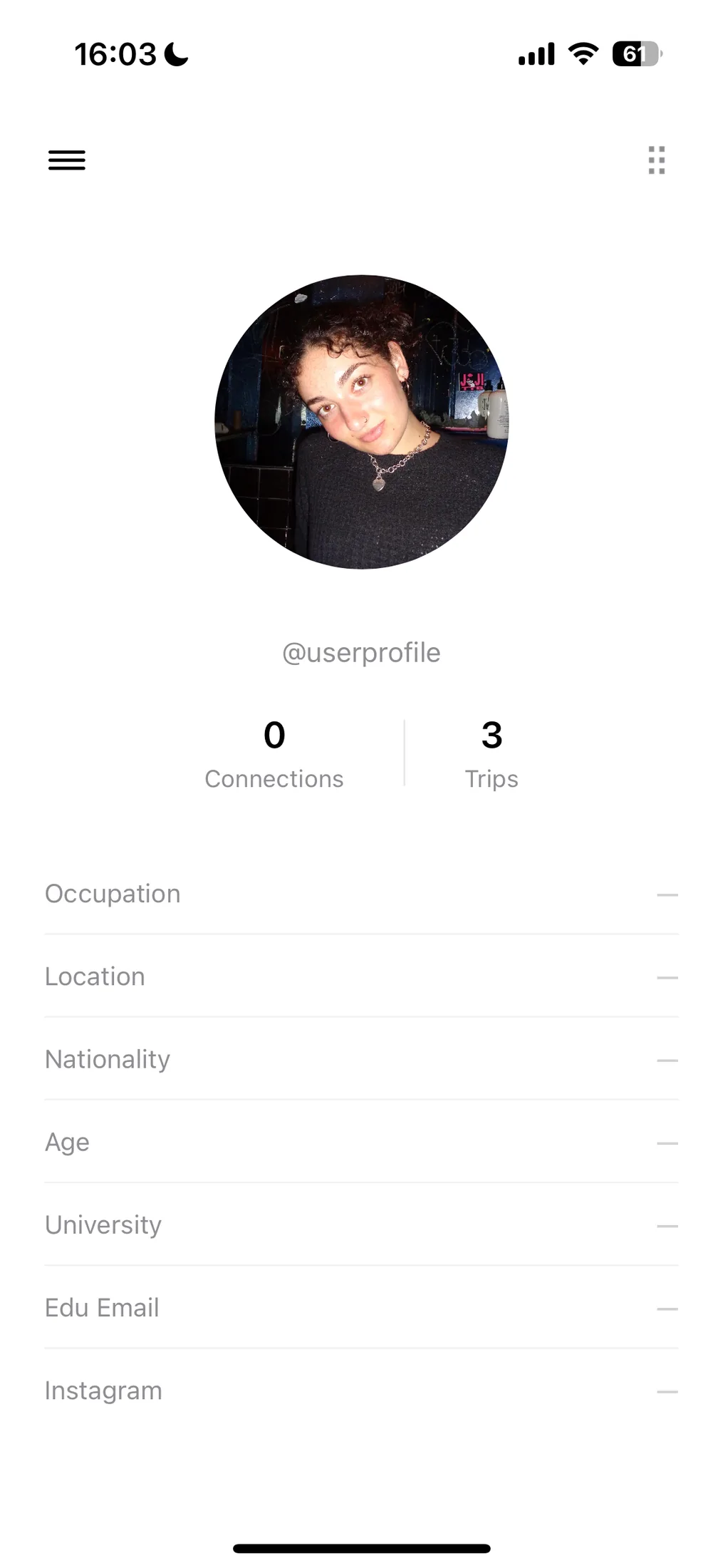 User profile screen