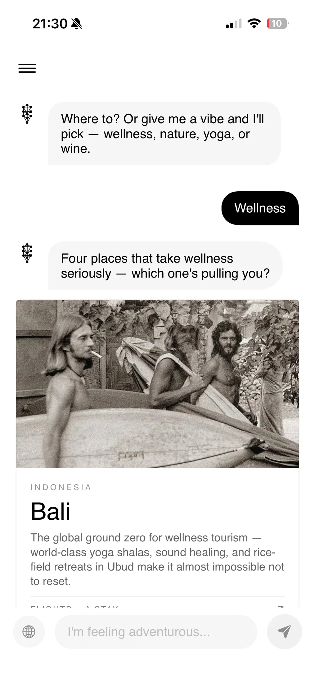 Wellness recommendations, opening on a destination card for Bali
