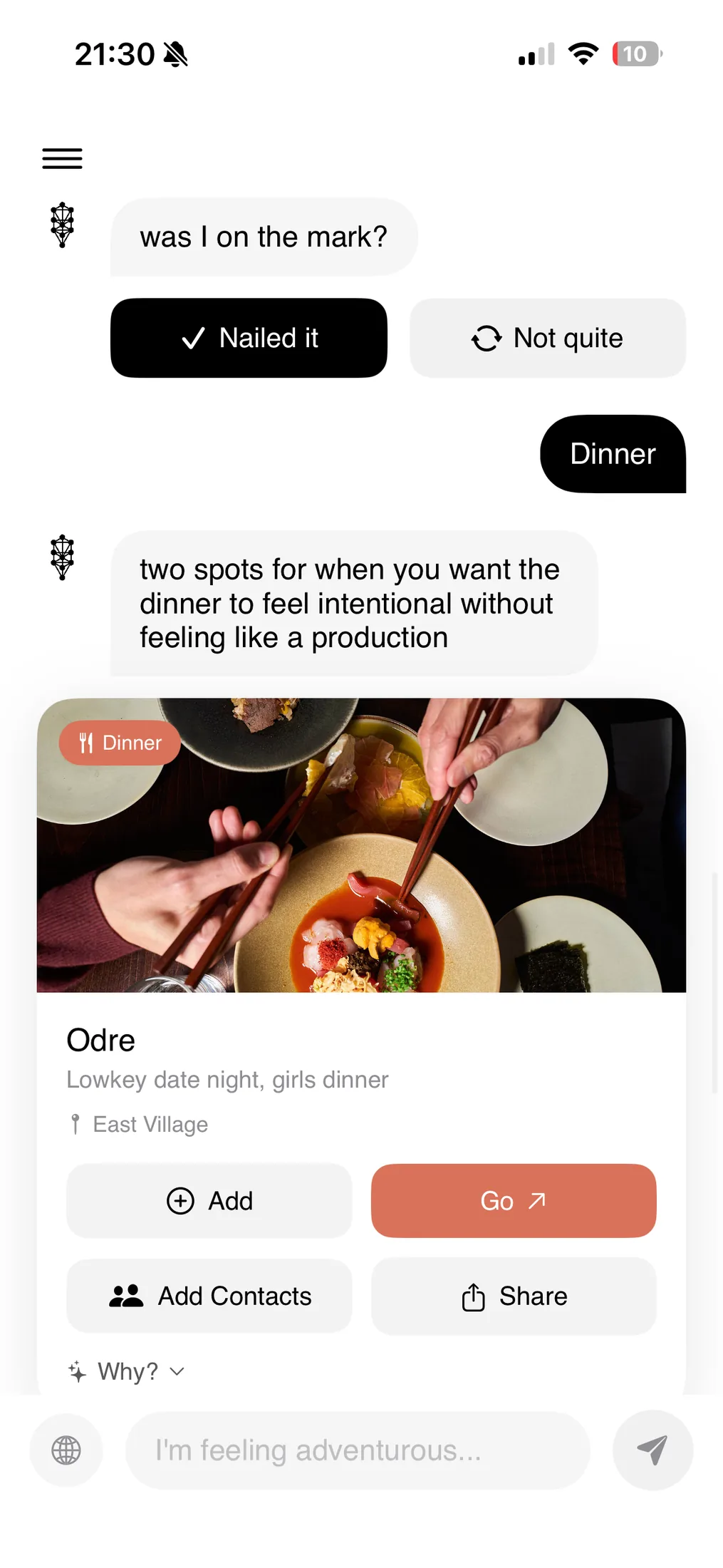 Dinner recommendations, with a card for Odre in the East Village