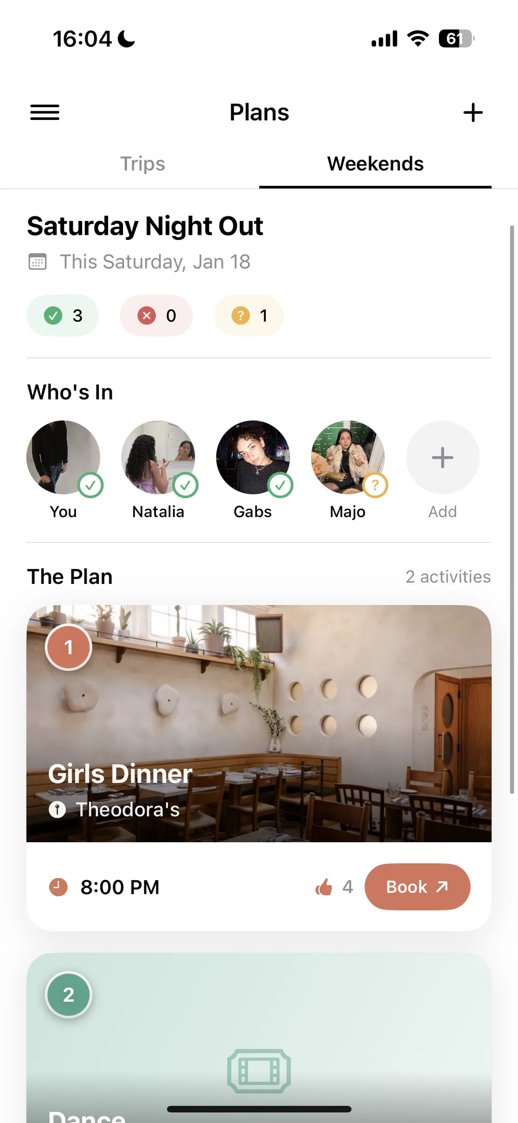 Weekend plans screen with a group itinerary