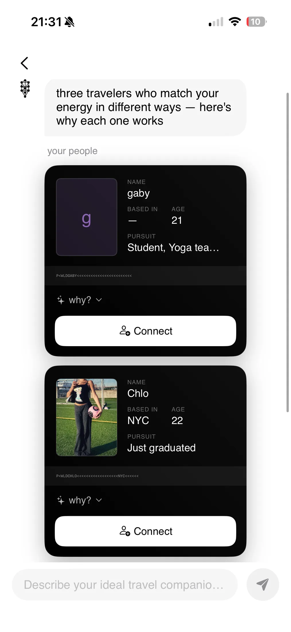 Suggested travellers to connect with, each on a passport-style card