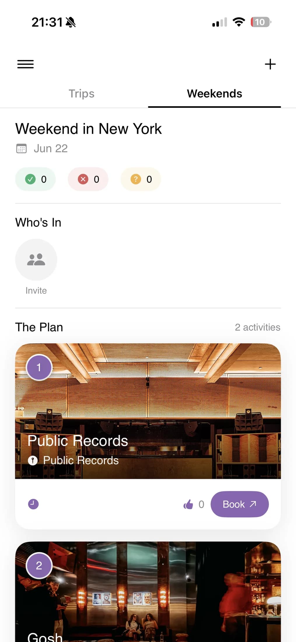 A weekend in New York with its itinerary and RSVP counts