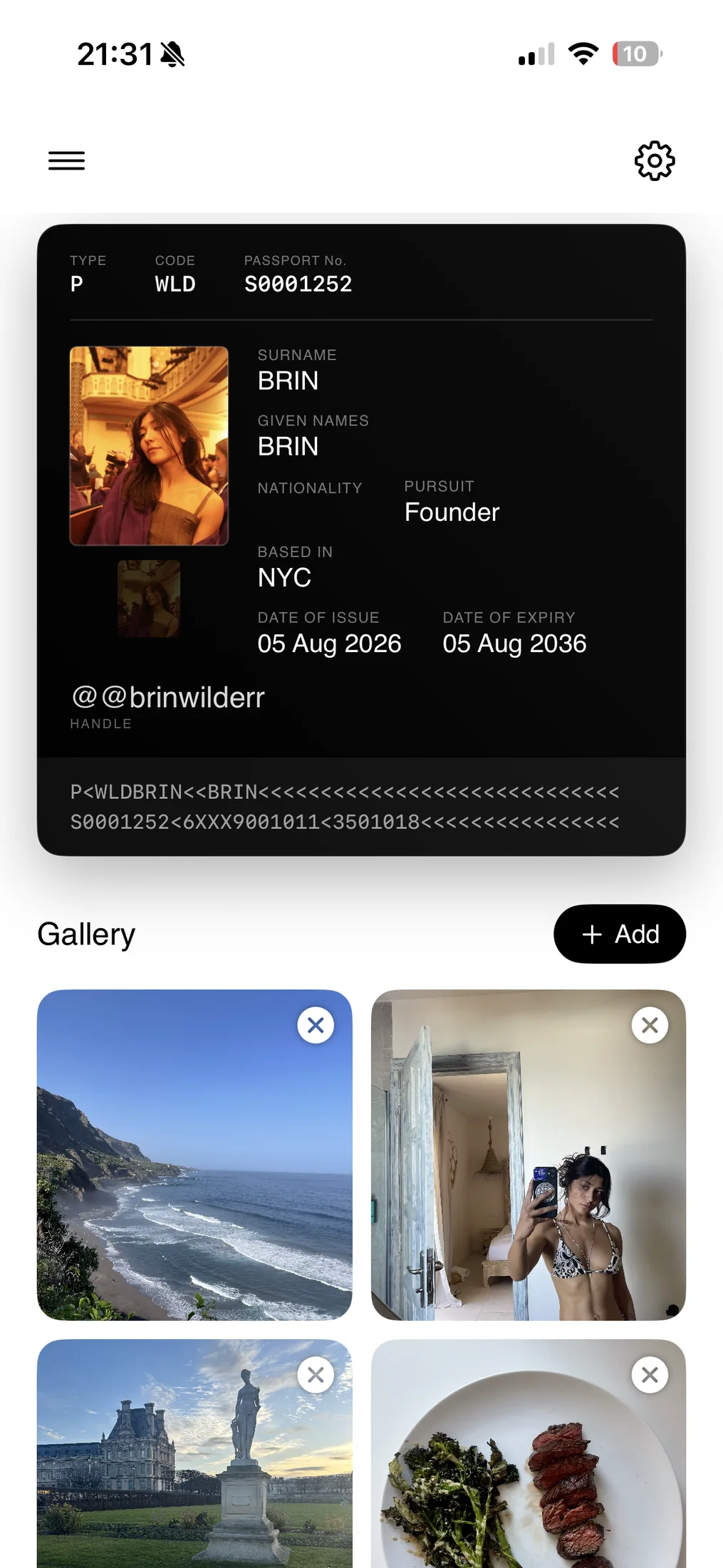 The traveller's own passport profile above their photo gallery