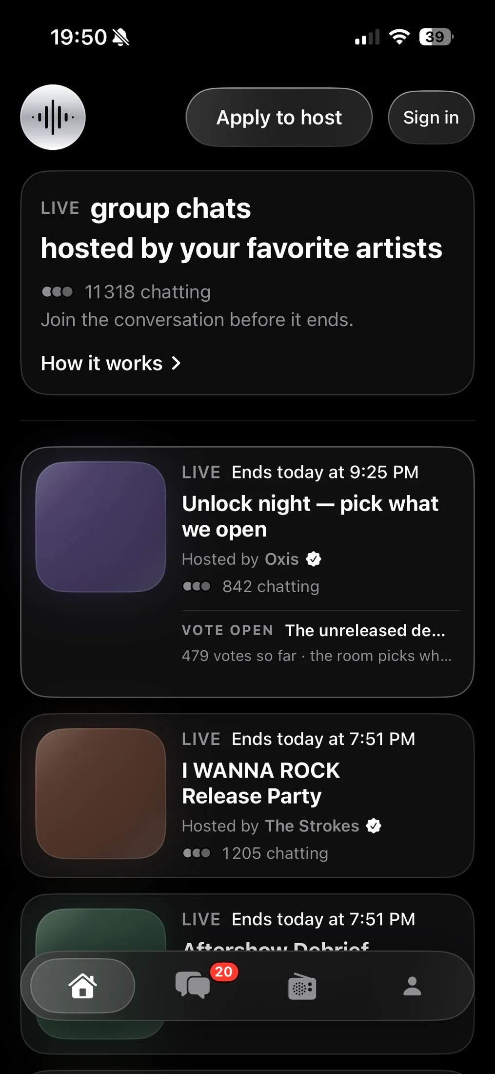 Home screen listing live artist-hosted group chats