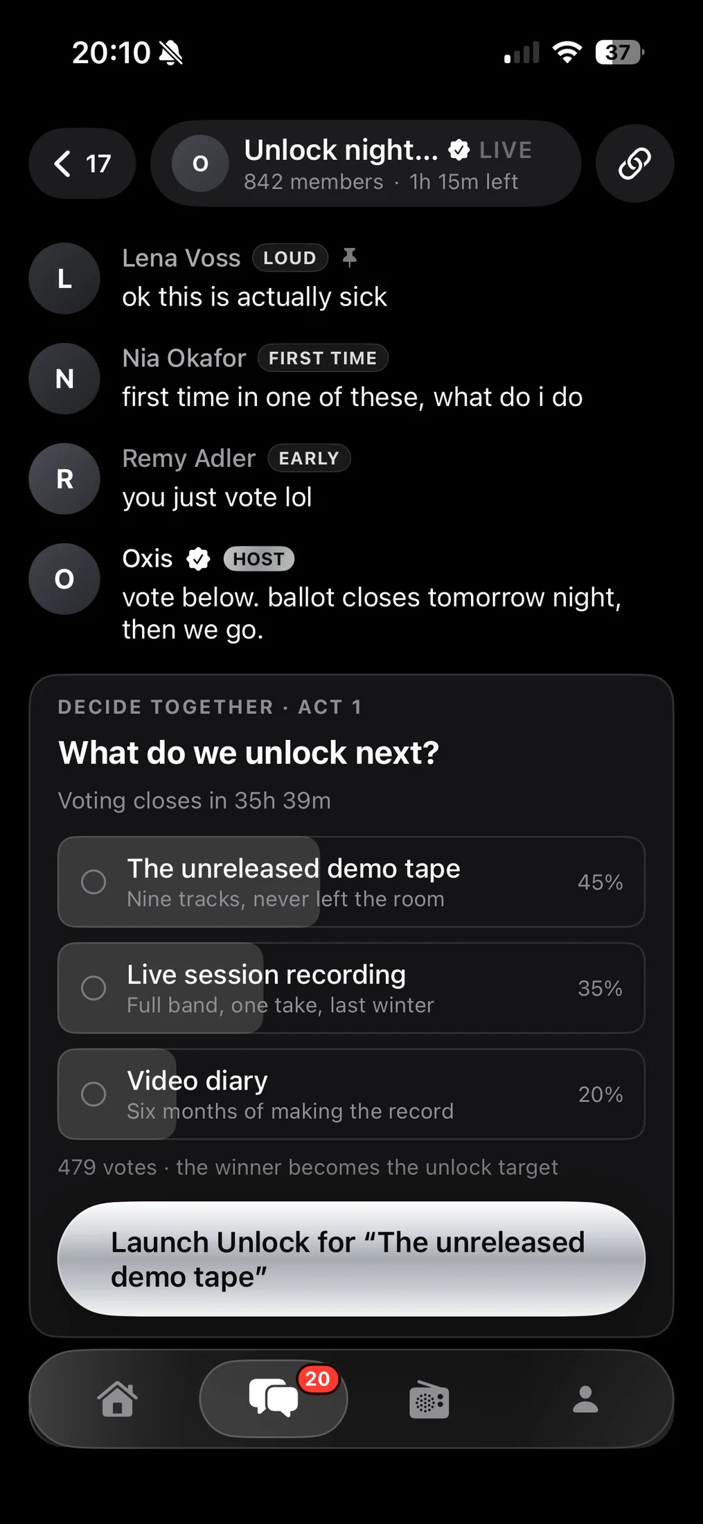 Live Room with an in-chat vote deciding the next unlock