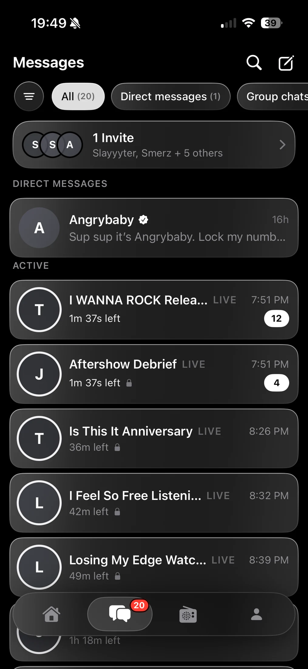 Messages screen with direct messages and active rooms